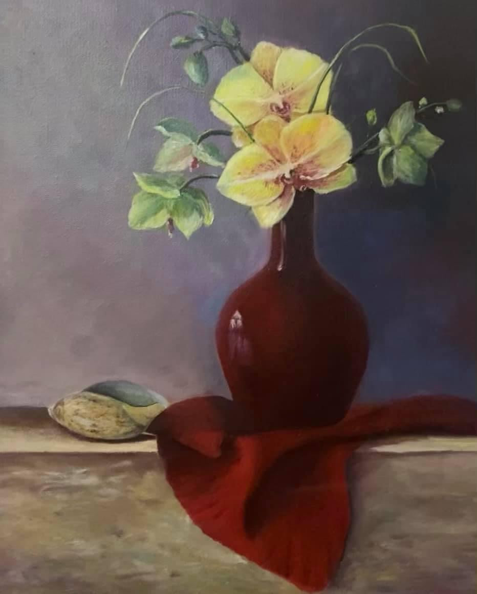 The Passion — original oil painting of yellow orchids in a deep red vase with red draped cloth, classical still-life by Zenart Studio & Gallery