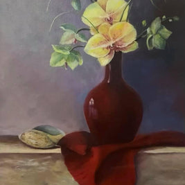 The Passion — original oil painting of yellow orchids in a deep red vase with red draped cloth, classical still-life by Zenart Studio & Gallery