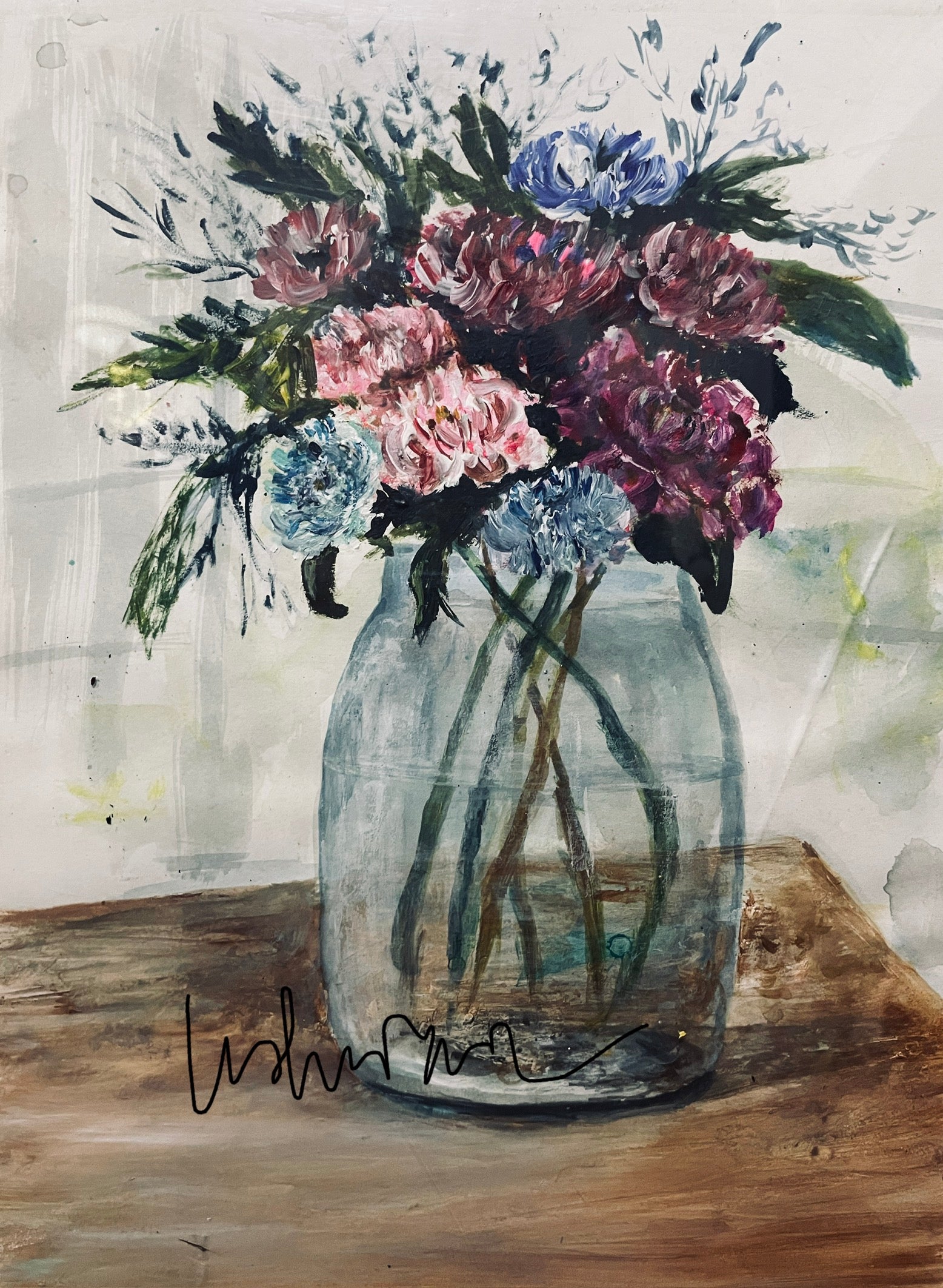 The Quiet — Original Mixed Media Painting by Zenart Studio, 30x40cm, glass jar with mixed florals