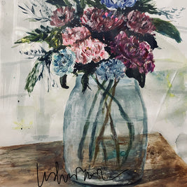 The Quiet — Original Mixed Media Painting by Zenart Studio, 30x40cm, glass jar with mixed florals