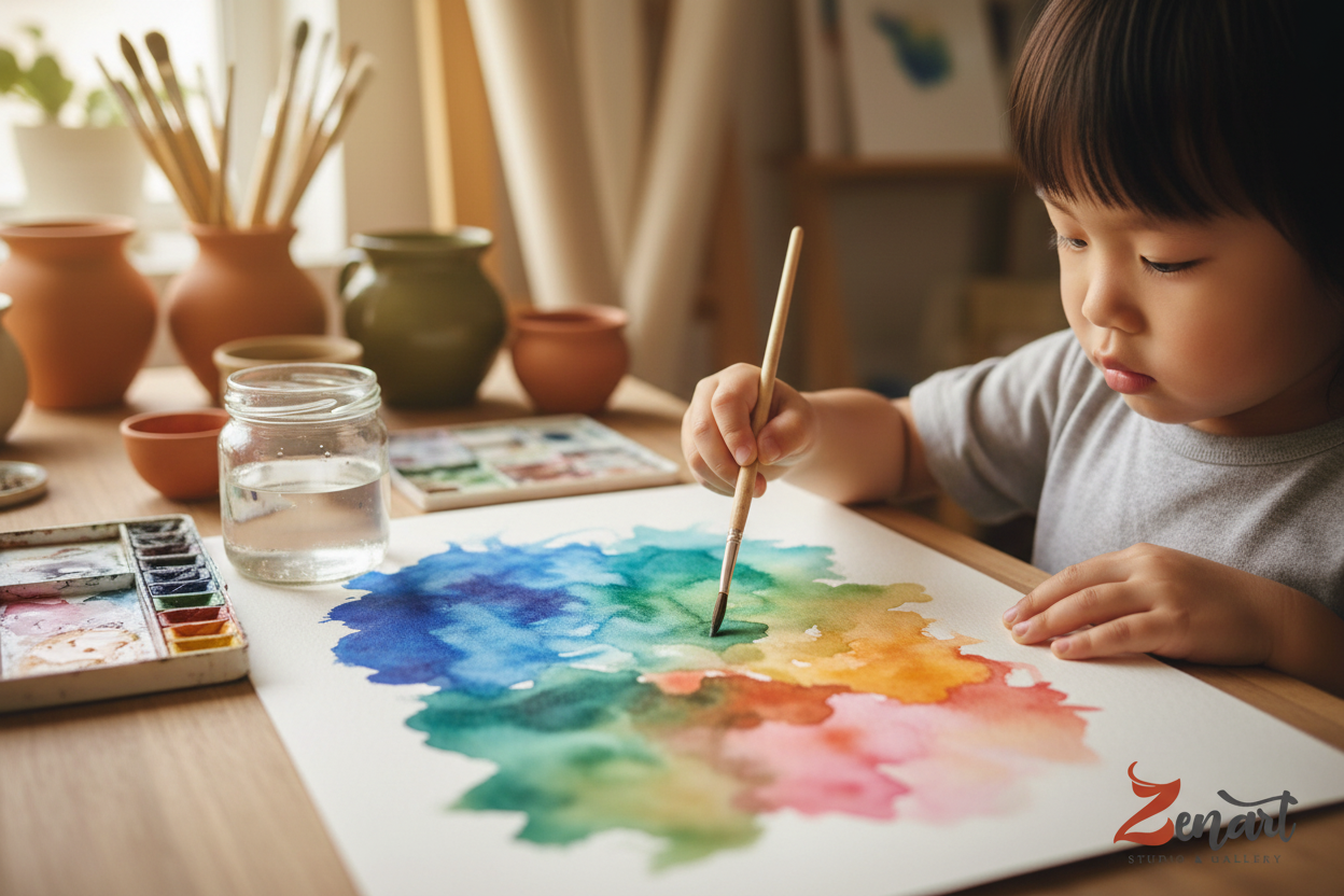 Kids watercolour hands close-up