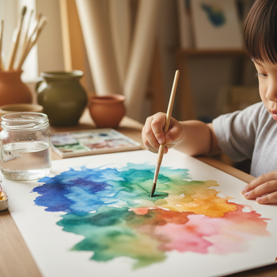 Kids watercolour hands close-up